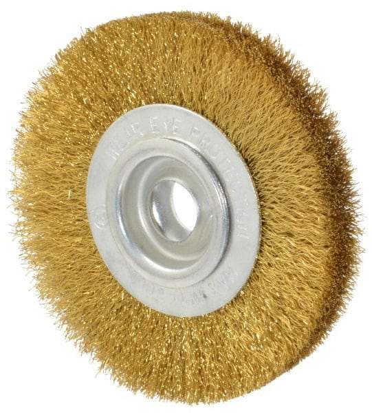 Value Collection - 4" OD, 5/8" Arbor Hole, Crimped Brass Wheel Brush - 1/2" Face Width, 5/8" Trim Length, 0.008" Filament Diam, 6,000 RPM - A1 Tooling