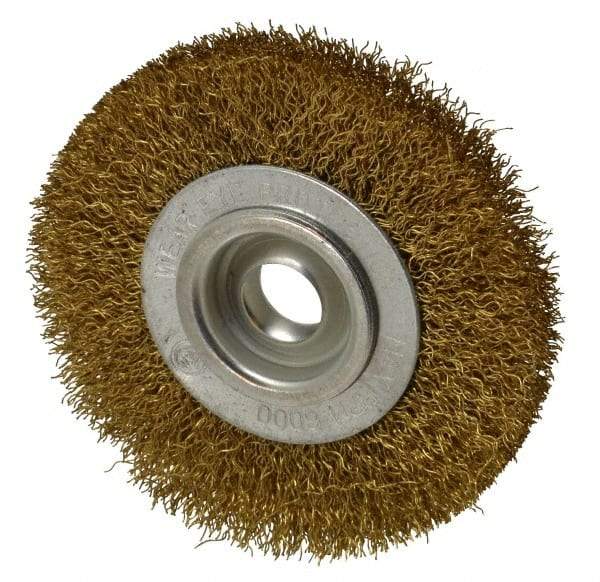 Value Collection - 4" OD, 5/8" Arbor Hole, Crimped Brass Wheel Brush - 1/2" Face Width, 5/8" Trim Length, 0.014" Filament Diam, 6,000 RPM - A1 Tooling