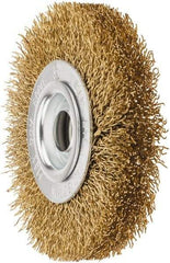 Value Collection - 4" OD, 5/8" Arbor Hole, Crimped Brass Wheel Brush - 1/2" Face Width, 5/8" Trim Length, 0.02" Filament Diam, 6,000 RPM - A1 Tooling