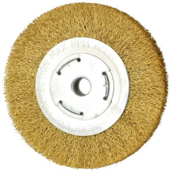 Value Collection - 6" OD, 5/8" Arbor Hole, Crimped Brass Wheel Brush - 1" Face Width, 1-1/8" Trim Length, 0.014" Filament Diam, 6,000 RPM - A1 Tooling