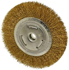 Value Collection - 6" OD, 5/8" Arbor Hole, Crimped Brass Wheel Brush - 1" Face Width, 1-1/8" Trim Length, 0.02" Filament Diam, 6,000 RPM - A1 Tooling