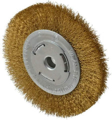 Value Collection - 6" OD, 1/4" Arbor Hole, Crimped Brass Wheel Brush - 1/2" Face Width, 1-1/8" Trim Length, 0.012" Filament Diam, 6,000 RPM - A1 Tooling