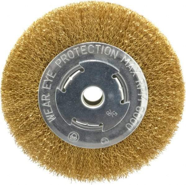 Value Collection - 6" OD, 5/8" Arbor Hole, Crimped Brass Wheel Brush - 1/2" Face Width, 1-1/8" Trim Length, 0.014" Filament Diam, 6,000 RPM - A1 Tooling