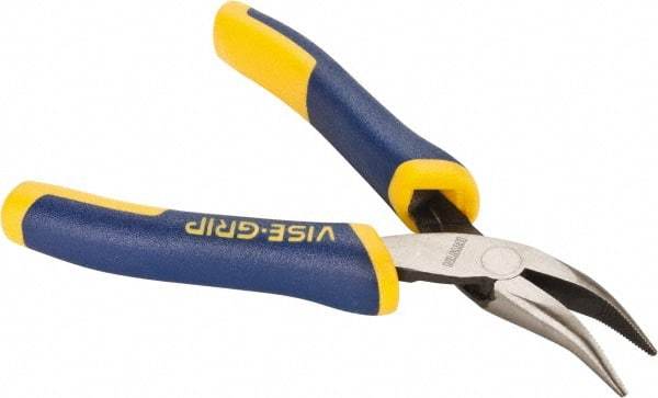 Irwin - 5" OAL, 1-1/8" Jaw Length x 1/4" Jaw Width, Long Nose Side Cutting Bent Nose Pliers - Serrated Jaw, Standard Head, ProTouch Handles, with Spring - A1 Tooling