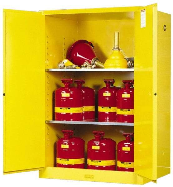 Justrite - 2 Door, 2 Shelf, Yellow Steel Standard Safety Cabinet for Flammable and Combustible Liquids - 65" High x 43" Wide x 34" Deep, Self Closing Door, 90 Gal Capacity - A1 Tooling