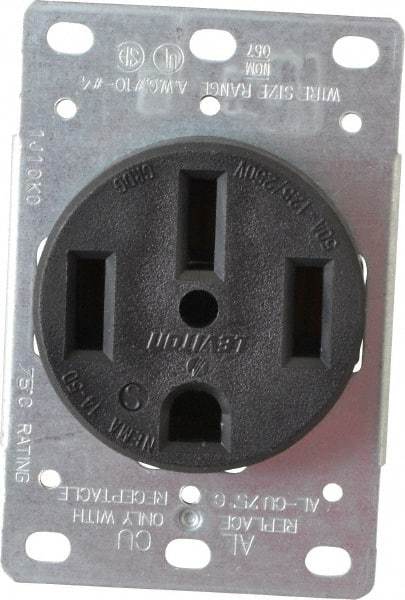 Leviton - 125/250 VAC, 50 Amp, 14-50R NEMA Configuration, Black, Industrial Grade, Self Grounding Single Receptacle - 1 Phase, 3 Poles, 4 Wire, Flush Mount, Corrosion Resistant - A1 Tooling