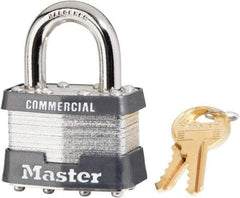 Master Lock - 15/16" Shackle Clearance, Keyed Alike Laminated Steel Padlock - 5/16" Shackle Diam, Steel - A1 Tooling