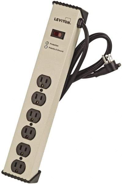 Leviton - 6 Outlets, 125 Volts, 15 Amps, 6' Cord, Power Outlet Strip - Free Hanging Mount, 5-15R NEMA Configuration, 15.73" Strip, cULus, UL Listed File 1449 - A1 Tooling