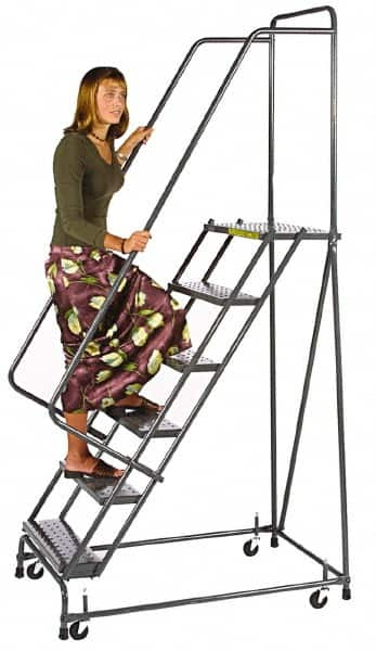 Ballymore - 93" 6 Step Ladder - Spring Loaded Rolling Safety Ladder, 450 Lb Capacity, 60" Platform Height, 30" Base Width x 49" Depth, Abrasive Mat Tread - A1 Tooling