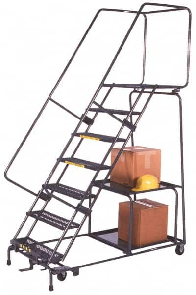 Ballymore - 103" 7 Step Ladder - Safety Stock Picking Ladder, 450 Lb Capacity, 70" Platform Height, 30" Base Width x 61" Depth, Perforated Tread - A1 Tooling