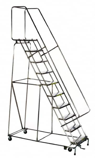 Ballymore - 133" 10 Step Ladder - Rolling Safety Ladder, 450 Lb Capacity, 100" Platform Height, 32" Base Width x 74" Depth, Heavy-Duty Serrated Grating - A1 Tooling