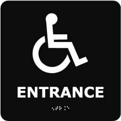 NMC - Entrance, 8" Wide x 8" High, Plastic Sign - English, Braille, White on Black, Wall Mount - A1 Tooling