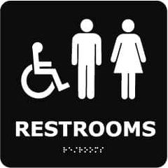 NMC - Restrooms, 8" Wide x 8" High, Plastic Sign - English, Braille, White on Black, Wall Mount - A1 Tooling