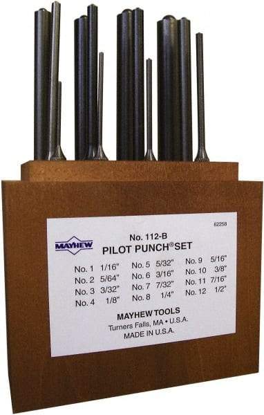 Mayhew - 12 Piece, 1/16 to 1/2", Roll Pin Punch Set - Round Shank, Alloy Steel, Comes in Wood Box - A1 Tooling