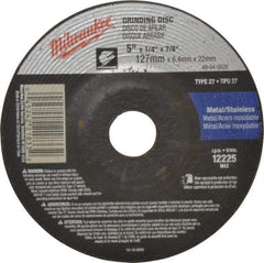 Milwaukee Tool - 24 Grit, 5" Wheel Diam, 1/4" Wheel Thickness, 7/8" Arbor Hole, Type 27 Depressed Center Wheel - Aluminum Oxide, Resinoid Bond, R Hardness, 12,225 Max RPM, Compatible with Angle Grinder - A1 Tooling