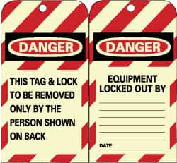 NMC - 3" High x 6" Long, DANGER - THIS TAG & LOCK TO BE REMOVED ONLY BY THE PERSON SHOWN ON BACK, English Safety & Facility Lockout Tag - Tag Header: Danger, 2 Sides, Black, Red & White Unrippable Vinyl - A1 Tooling