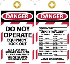 NMC - 3" High x 6" Long, DANGER - DO NOT OPERATE - EQUIPMENT LOCK-OUT, English Safety & Facility Lockout Tag - Tag Header: Danger, 2 Sides, Black, Red & White Unrippable Vinyl - A1 Tooling