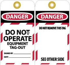 NMC - 3" High x 6" Long, DANGER - DO NOT OPERATE - EQUIPMENT TAG-OUT, English Safety & Facility Lockout Tag - Tag Header: Danger, 2 Sides, Black, Red & White Unrippable Vinyl - A1 Tooling