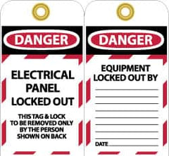 NMC - 3" High x 6" Long, DANGER - ELECTRICAL PANEL LOCKED OUT - THIS TAG & LOCK TO BE REMOVED ONLY BY THE PERSON SHOWN ON BACK, English Safety & Facility Lockout Tag - Tag Header: Danger, 2 Sides, Black, Red & White Unrippable Vinyl - A1 Tooling