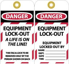 NMC - 3" High x 6" Long, DANGER - EQUIPMENT LOCK-OUT - A LIFE IS ON THE LINE! THIS TAG & LOCK TO BE REMOVED ONLY BY THE PERSON SHOWN ON BACK, English Safety & Facility Lockout Tag - Tag Header: Danger, 2 Sides, Black, Red & White Unrippable Vinyl - A1 Tooling