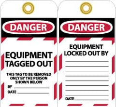 NMC - 3" High x 6" Long, DANGER - EQUIPMENT TAGGED OUT - THIS TAG TO BE REMOVED ONLY BY THE PERSON SHOWN BELOW, English Safety & Facility Lockout Tag - Tag Header: Danger, 2 Sides, Black, Red & White Unrippable Vinyl - A1 Tooling