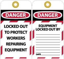 NMC - 3" High x 6" Long, DANGER - LOCKED OUT TO PROTECT WORKERS REPAIRING EQUIPMENT, English Safety & Facility Lockout Tag - Tag Header: Danger, 2 Sides, Black, Red & White Unrippable Vinyl - A1 Tooling