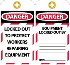 NMC - 3" High x 6" Long, DANGER - LOCKED OUT TO PROTECT WORKERS REPAIRING EQUIPMENT, English Safety & Facility Lockout Tag - Tag Header: Danger, 2 Sides, Black, Red & White Unrippable Vinyl - A1 Tooling