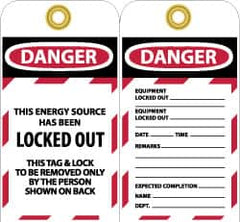 NMC - 3" High x 6" Long, DANGER - THIS ENERGY SOURCE HAS BEEN LOCKED OUT - THIS TAB & LOCK TO BE REMOVED ONLY BY THE PERSON SHOWN ON BACK, English Safety & Facility Lockout Tag - Tag Header: Danger, 2 Sides, Black, Red & White Unrippable Vinyl - A1 Tooling