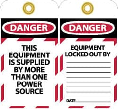 NMC - 3" High x 6" Long, DANGER - THIS EQUIPMENT IS SUPPLIED BY MORE THAN ONE POWER SOURCE, English Safety & Facility Lockout Tag - Tag Header: Danger, 2 Sides, Black, Red & White Unrippable Vinyl - A1 Tooling