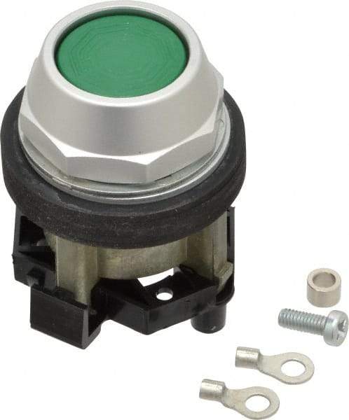 Eaton Cutler-Hammer - 30-1/2mm Mount Hole, Flush, Pushbutton Switch Only - Round, Green Pushbutton, Nonilluminated, Momentary (MO), Corrosion Resistant, Oiltight and Watertight - A1 Tooling