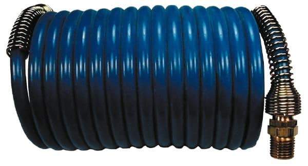 Coilhose Pneumatics - 1/4" ID, 1/4 Thread, 12' Long, Blue Nylon Coiled & Self Storing Hose - 220 Max psi, Male Swivel x Male Swivel - A1 Tooling