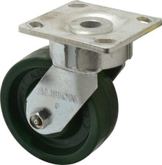 Albion - 5" Diam x 2" Wide x 6-1/2" OAH Top Plate Mount Swivel Caster - Polyurethane, 1,000 Lb Capacity, Roller Bearing, 4 x 4-1/2" Plate - A1 Tooling