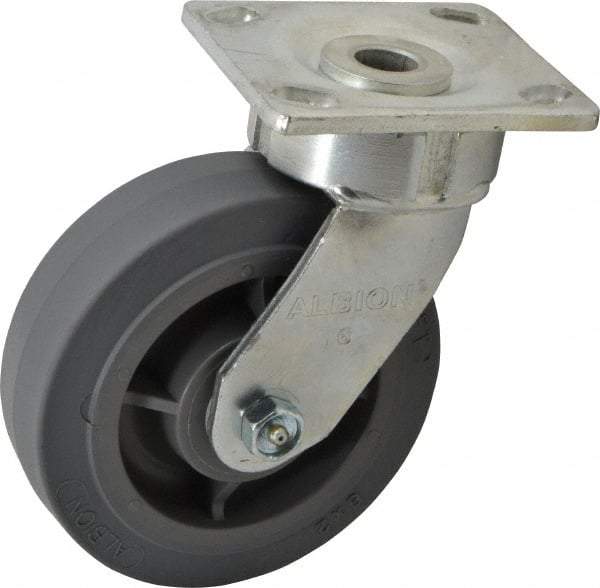 Albion - 6" Diam x 2" Wide x 7-1/2" OAH Top Plate Mount Swivel Caster - Soft Rubber, 600 Lb Capacity, Roller Bearing, 4 x 4-1/2" Plate - A1 Tooling