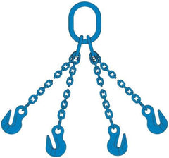 Pewag - 5' Long, 27,500 Lb Basket Capacity, 10,600 Lb Vertical Capacity, 4 Ply, Alloy Steel Web Sling - 10,600 Lb Choker Capacity, QOG Chain Sling, 3/8" Diam Chain, Blue, with 4 Grab Hooks & Master Link - A1 Tooling