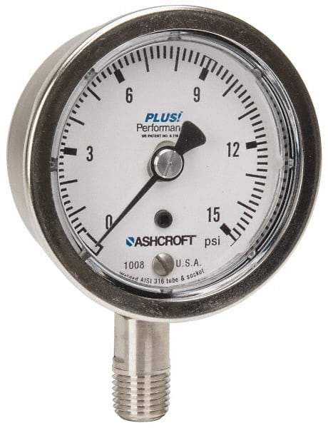 Ashcroft - 2-1/2" Dial, 1/4 Thread, 0-15 Scale Range, Pressure Gauge - Lower Connection Mount, Accurate to 3-2-3% of Scale - A1 Tooling