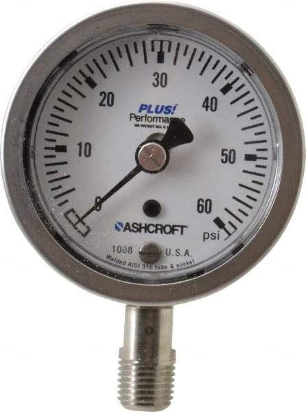 Ashcroft - 2-1/2" Dial, 1/4 Thread, 0-60 Scale Range, Pressure Gauge - Lower Connection Mount, Accurate to 3-2-3% of Scale - A1 Tooling