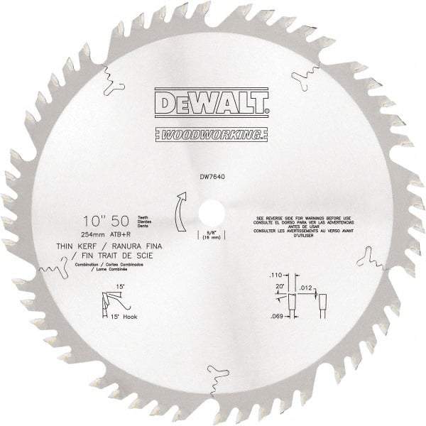 DeWALT - 10" Diam, 5/8" Arbor Hole Diam, 50 Tooth Wet & Dry Cut Saw Blade - Tungsten Carbide-Tipped, Standard Round Arbor - A1 Tooling