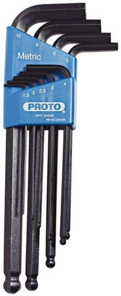 Proto - 9 Piece L-Key Ball End Hex Key Set - Hex Range 1.5 to 10mm, Carbon Steel - A1 Tooling