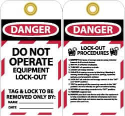 NMC - 3" High x 6" Long, DANGER - DO NOT OPERATE - EQUIPMENT LOCK-OUT - TAG & LOCK TO BE REMOVED ONLY BY:, English Safety & Facility Lockout Tag - Tag Header: Danger, 2 Sides, Black, Red & White Unrippable Vinyl - A1 Tooling