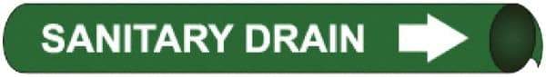 NMC - Pipe Marker with Sanitary Drain Legend and Arrow Graphic - 10 to 10" Pipe Outside Diam, White on Green - A1 Tooling