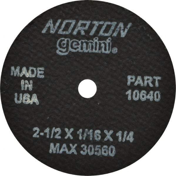 Norton - 2-1/2" Aluminum Oxide Cutoff Wheel - 1/16" Thick, 1/4" Arbor, 30,560 Max RPM, Use with Die Grinders - A1 Tooling