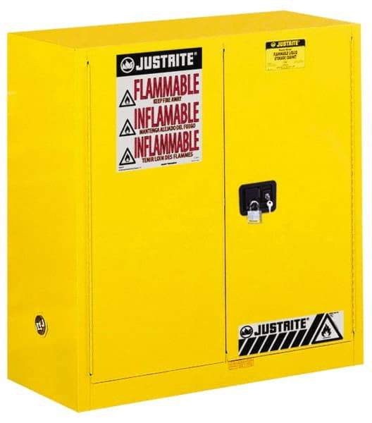 Justrite - 2 Door, 1 Shelf, Yellow Steel Standard Safety Cabinet for Flammable and Combustible Liquids - 44" High x 43" Wide x 18" Deep, Manual Closing Door, 3 Point Key Lock, 30 Gal Capacity - A1 Tooling