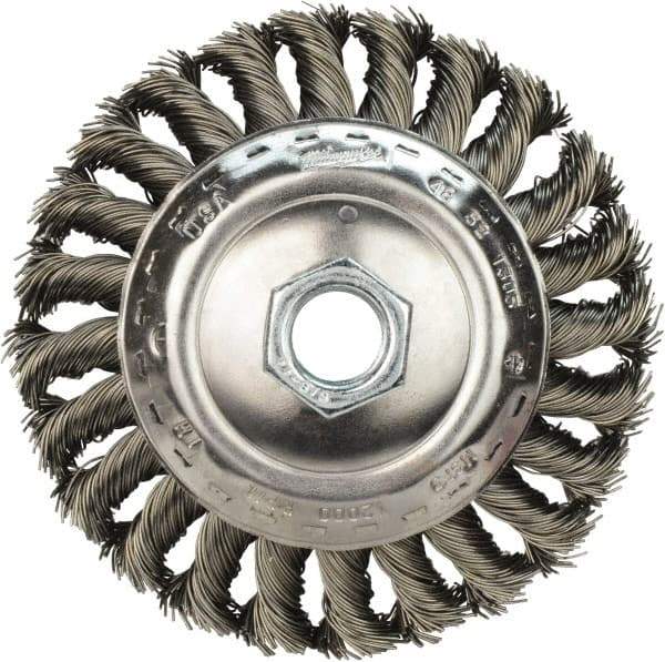 Milwaukee Tool - 4" OD, 5/8" Arbor Hole, Knotted Stainless Steel Wheel Brush - 3/8" Face Width, 3/4" Trim Length, 0.023" Filament Diam, 12,000 RPM - A1 Tooling