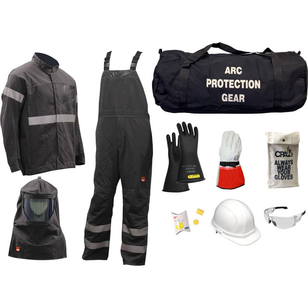 Size 5X-Large, 9.2 Arc Flashing Clothing Kit Includes Premium Gore Pyrad Jacket and Bib, Hood, Face Shield, Bracket, Hard Cap, Ear Plugs, Safety Glasses, Rubber Gloves, Leather Glove Protectors & Glove Bag and Arc Gear Bag