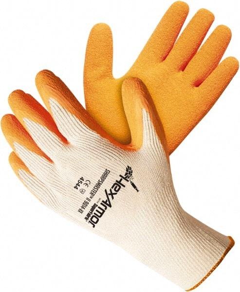 HexArmor - Size M (8), ANSI Cut Lvl A9, Puncture Lvl 5, Natural Rubber Latex Coated Cotton/SuperFabric Cut Resistant Gloves - 10.23" Long, Palm & Knuckles Coated, SuperFabric Lining, Knit Wrist, White/Orange, Paired - A1 Tooling