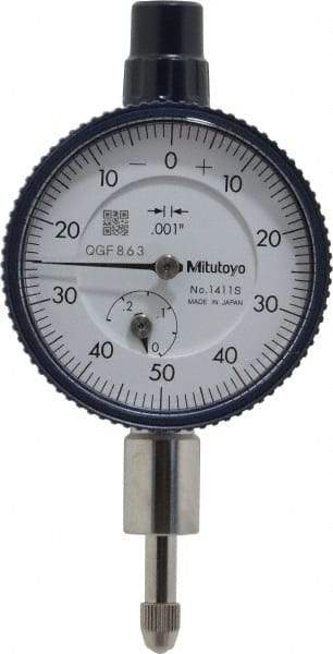 Mitutoyo - 1/4" Range, 0-50-0 Dial Reading, 0.001" Graduation Dial Drop Indicator - 1-5/8" Dial, 0.1" Range per Revolution, 0.001" Accuracy, Revolution Counter - A1 Tooling