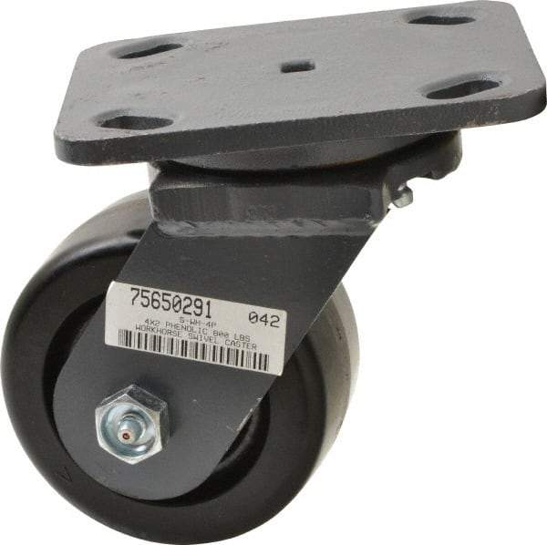 Hamilton - 4" Diam x 2" Wide x 5-5/8" OAH Top Plate Mount Swivel Caster - Phenolic, 800 Lb Capacity, Roller Bearing, 4 x 5" Plate - A1 Tooling