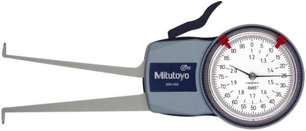 Mitutoyo - 1.2 to 2" Inside Dial Caliper Gage - 0.0005" Graduation, 0.0015" Accuracy, 3.3" Leg Length, 0.26" Deep x 0.06" Wide Groove, Ball Contact Points - A1 Tooling