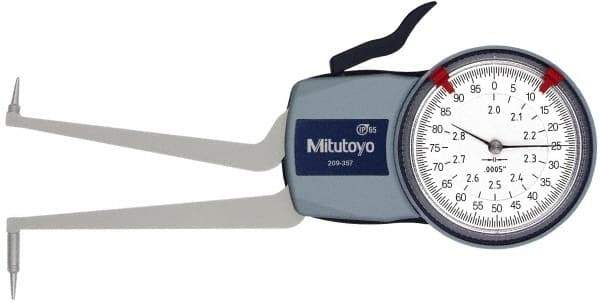 Mitutoyo - 2 to 2.8" Inside Dial Caliper Gage - 0.0005" Graduation, 0.0015" Accuracy, 3.3" Leg Length, 0.31" Deep x 0.06" Wide Groove, Ball Contact Points - A1 Tooling