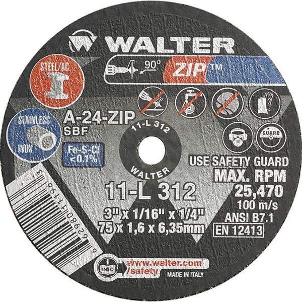 WALTER Surface Technologies - 3" 24 Grit Aluminum Oxide Cutoff Wheel - 1/16" Thick, 1/4" Arbor, 25,470 Max RPM, Use with Die Grinders - A1 Tooling